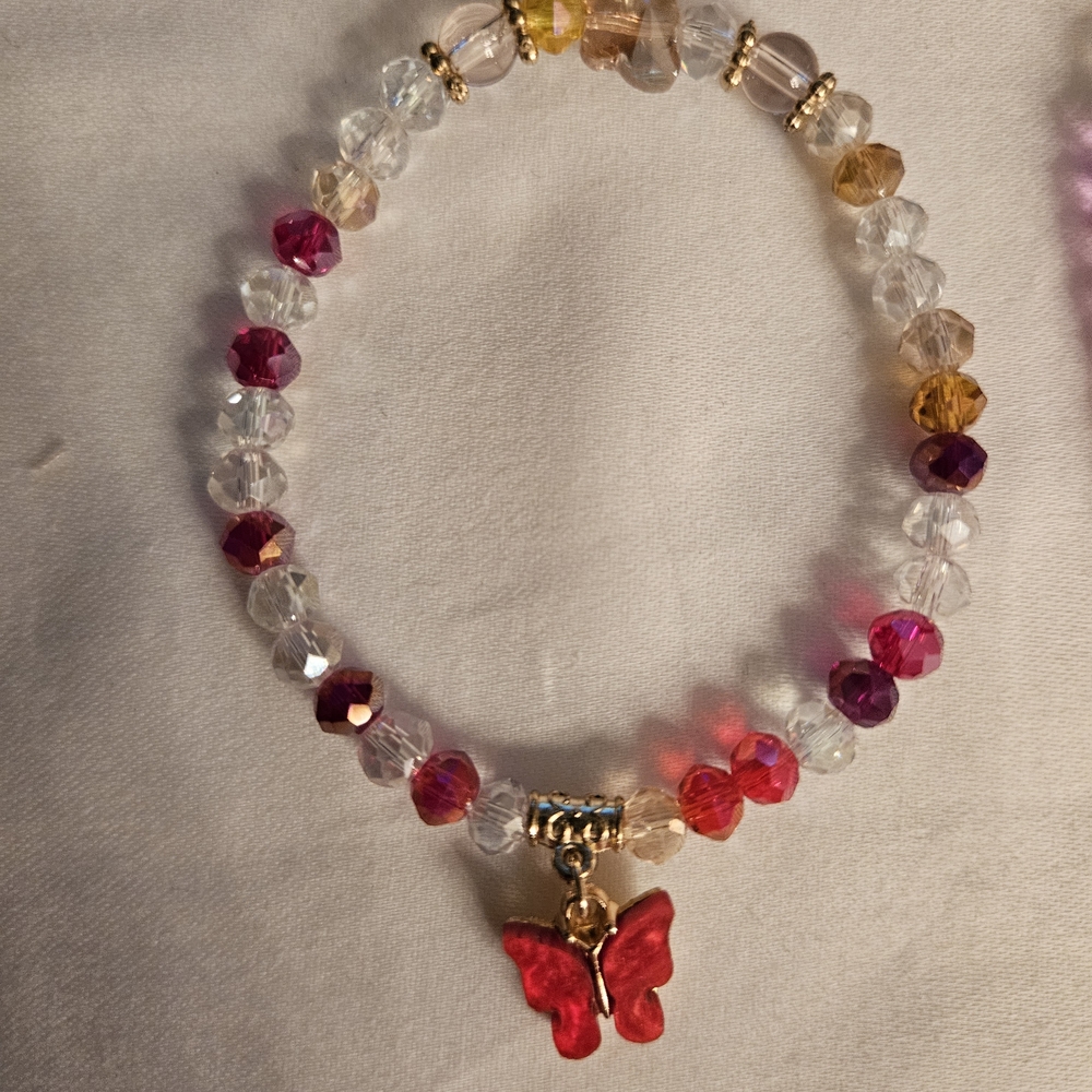 Crystal Beaded Bracelet with Red Butterfly Charm